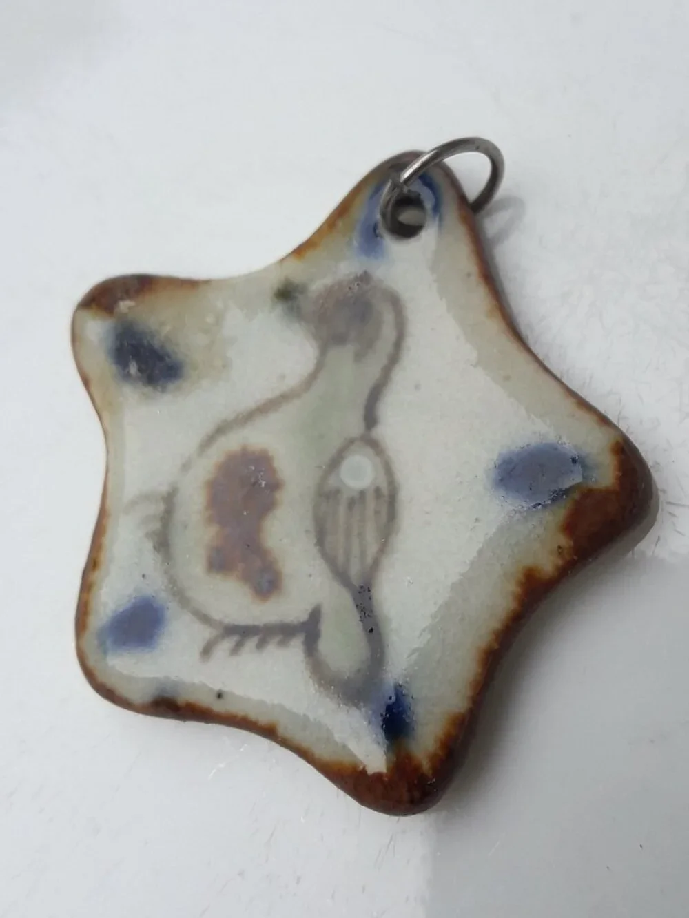 Vintage Pendant Bird Art Glazed Pottery Clay Tiny Star Hand Made - Picture 5 of 9